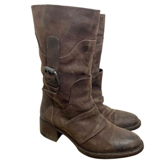 VERA WANG Lavender label Brown Suede Leather Buckle Western Mid Calf‎ Boots 7.5 - Picture 1 of 10